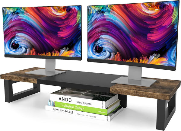 WESTREE Dual Monitor Stand Riser, Wood and Steel Monitor Stand for 2 Monitors, Multi-Purpose Desktop Storage Stand