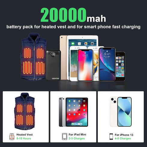 GEEPFINE 5V 2A/3A Pack Vest,20000mah Pack Power Bank Battery for Heated Battery for Heated Jacket Power Bank