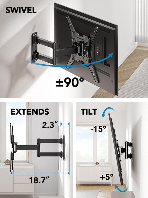 Pipishell Full Motion TV Wall Mount for 26-60 inch TVs, Swivel Tilt Extension, Holds up to 77 lbs