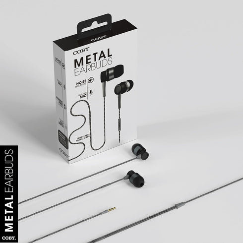 Coby Noise Isolating Metal Wired Earbuds, Tangle Free Braided Wire, Built-in Microphone, Noise Canceling Headphones