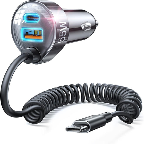LISEN 65W USB C Car Charger Adapter, Fast Charging 5Ft 30W USB C Coiled Cable for iPhone 15, PD & QC3.0 Car Charger for