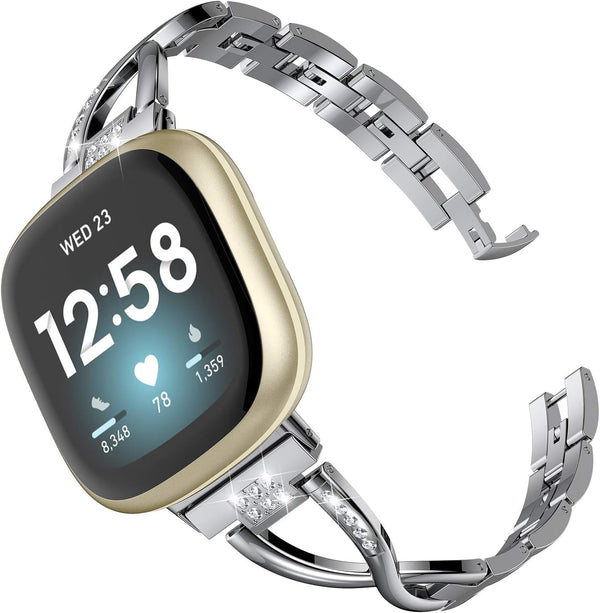 Wearlizer Metal Band Compatible with Fitbit Versa 4/Versa 3/Sense/Sense 2, Dressy Stainless Steel Bling Bracelet Strap