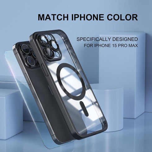 Magnetic Soft Clear Phone Case for iPhone 15 Pro Max, Titanium Black with Military Grade Drop Protection