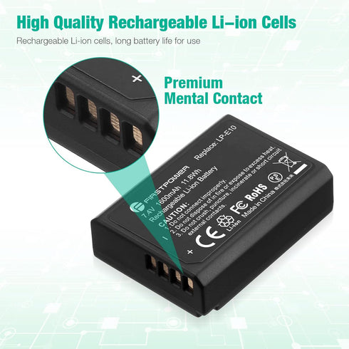 FirstPower Replacement LP-E10 Batteries for Canon EOS Rebel T3, T5, T6, T7, T100, 2-Pack 1600mAh