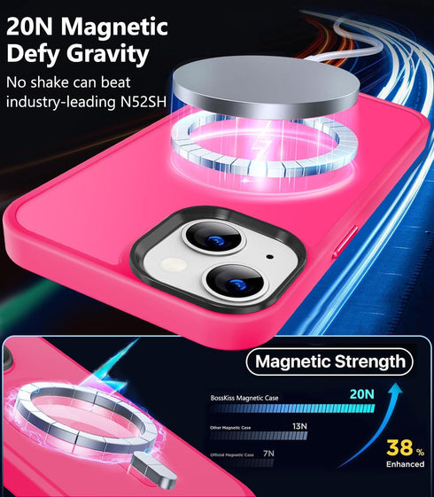 BossKiss Slim Translucent Matte iPhone 13 Case - Hot Pink, Anti-Fingerprint, Shockproof, with Screen+Camera Protector,
