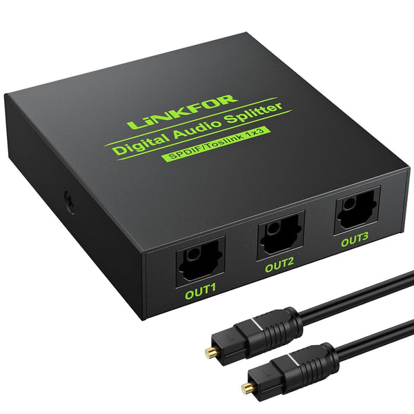 LiNKFOR Digital Optical Audio Splitter - 1x3 SPDIF Toslink Aluminum Alloy with Optical Cable Support