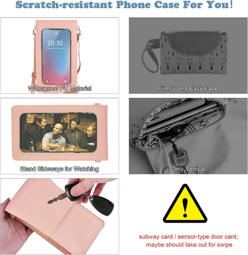 Pink Touchscreen Phone Purse Crossbody for Women, Waterproof Crossbody Phone Wallet Case with Transparent Window up to