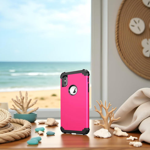 IDweel for iPhone Xs Max Case with Tempered Glass Screen Protector, 3 in 1 Heavy Duty Protection, Rose Red