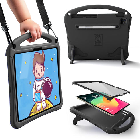 Bam Bino Space Suit Kids Case for iPad Pro 12.9" (2018-2022) Models, Screen Guard, Handle, Shoulder Strap, Cosmic Black
