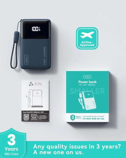 INIU 45W 10000mAh Pack 17 16 15 14 S26, Portable Charger, Compact Fast Charging Power Bank, USB C Battery with Cable