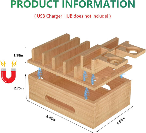 Bamboo Charging Stations for Multi Devices, Wood Desktop Docking Station Charger Organizer for Cell Phones, Tablets,