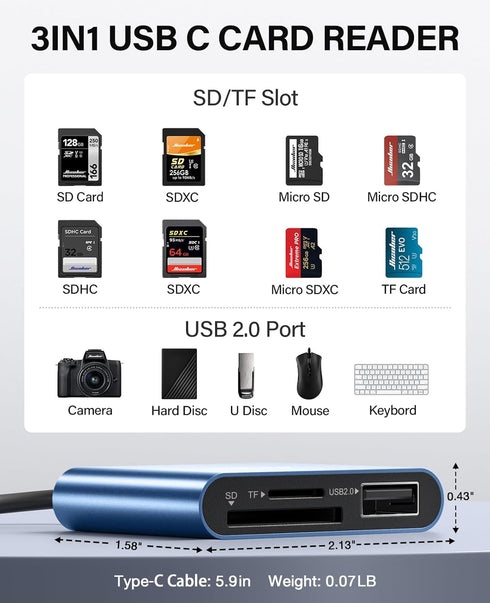 Hicober USB C to SD Card Reader, Micro SD Memory Card Reader, Type C to SD Card Reader Adapter 2TB Capacity for MacBook Camera Android Windows Linux and Other Type C Device-Blue by Hicober