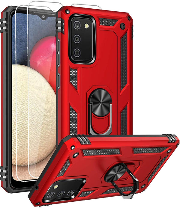 Galaxy A02s Case with HD Screen Protector, Military-Grade Ring Kickstand Holder, Shockproof Red Cover