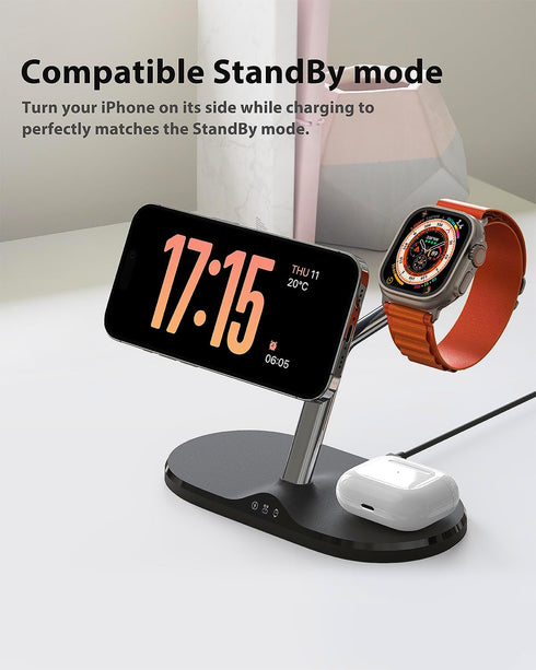 3-in-1 Wireless Charging Station for Apple Devices, Fast Charging Station for iPhone and Watch with MagSafe, Stable