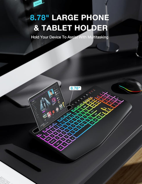 Wireless Keyboard and Mouse Combo - 9 Backlit Effects, Wrist Rest, Phone Holder, Rechargeable Silent Set