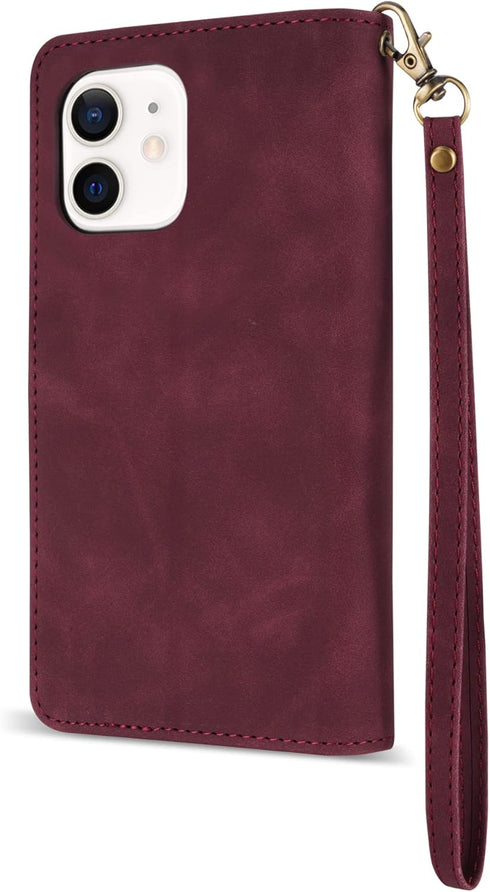 ZZXX iPhone 12 Mini Wallet Case with Card Slot - Premium Soft PU Leather Zipper Flip Folio, Wine Red