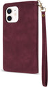 ZZXX iPhone 12 Mini Wallet Case with Card Slot - Premium Soft PU Leather Zipper Flip Folio, Wine Red