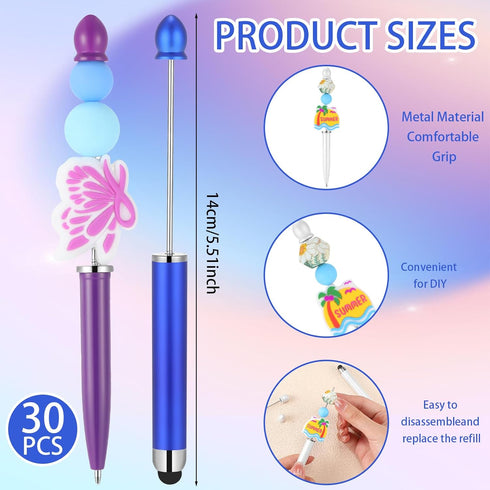 Qilery 30 Pcs Beaded Pens with Stylus Tips Plastic Beaded DIY Stylus 2-in-1, Multifunctional Stylus for Rubber Touch Screen Handwriting Ballpoint Pen 1.0mm, Black Ink, Office Supplies (Colorful)