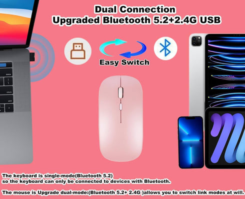 Wireless Bluetooth Keyboard and Mouse Set, Dual Rechargeable (Pink)