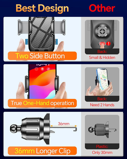 Car Phone Holder Mount with 36mm Longer Metal Hook Clip, Hands-Free Phone Holder for Car Vent, Compatible with iPhone