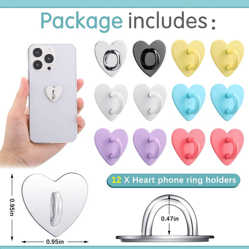 12 Pcs Heart Shaped Cell Phone Finger Ring Holder, Adhesive Metal Phone Grip, Charm Loop Stand for DIY Phone Case and