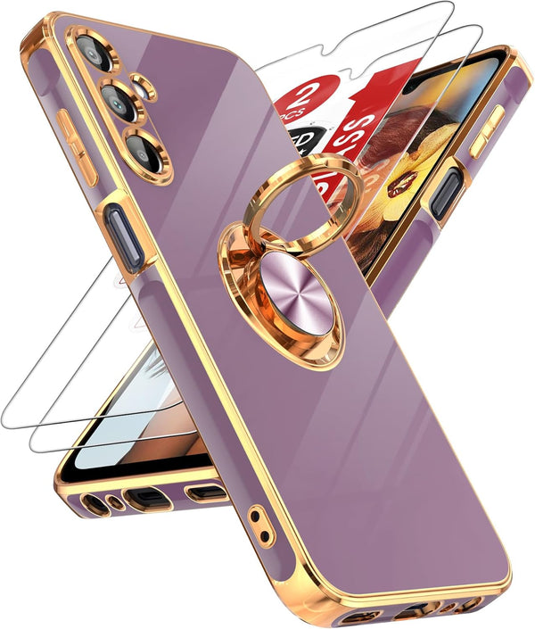 LeYi Samsung Galaxy A15 5G Case with Tempered Glass Screen Protector, 360° Rotatable Ring Holder, Purple