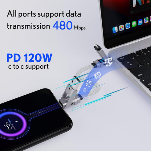pzoz Portable Keychain Charger Short Cable with LED Display, 4-in-1 Multi USB C Fast Charging for iPhone, iPad, Samsung