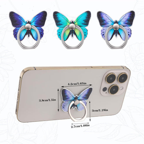 3 PCS Cell Phone Ring Stand Holder, Cute Butterfly Pattern Metal Kickstand, 360 Degrees Rotation Grip for Smartphones
