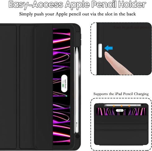 iPad Pro 11 inch 2024 M4 Case (Model: A2837/A3006) with Pencil Holder, Slim Trifold Stand, Smart Cover, Black