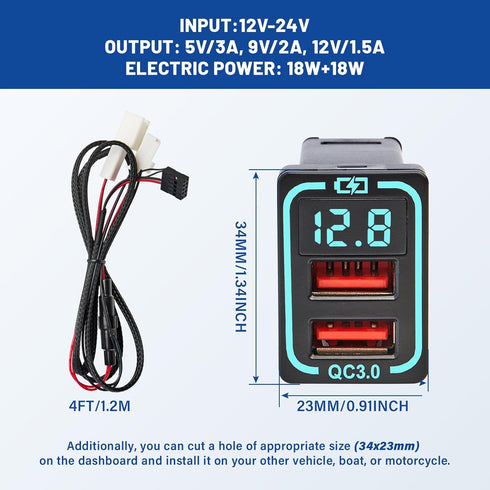 Anina QC3.0 USB Car Charger for Toyota - 18W Dual USB Port Powered by Cigarette Lighter, Digital Voltmeter, Flush Mount