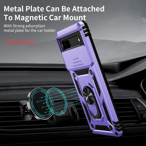 WEYCOLOR for Google Pixel 6A Case with Camera Lens Cover HD Screen Protector, 10 FT Military Grade Drop Protection, Magnetic Ring Holder Kickstand Protective Phone Case,Lavender