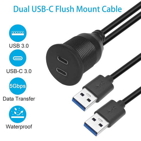 QIANRENON Dual USB C to USB 3.0 Threaded Flush Mount Waterproof Cable Adapter, 2 USB 3.0 Male to 2 USB C Female Panel Mount Extension Cable, for Car Boat Truck Yacht Motorcycle, 1m/3.3ft