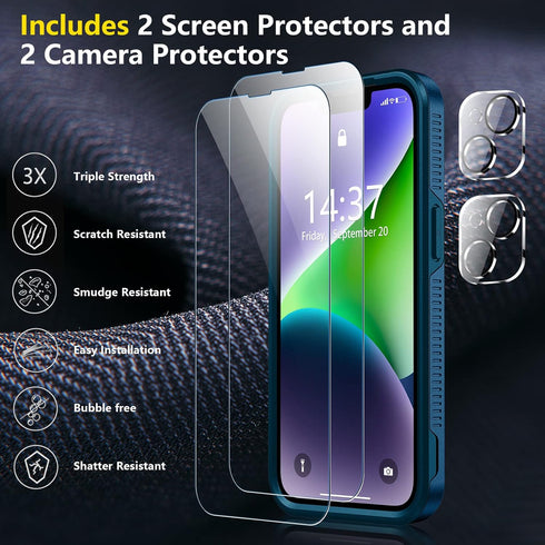 SPIDERCASE Heavy Duty Shockproof Case for iPhone 14/15, Sea Blue, 15 FT Drop Protection, Non-Slip, 2 Pack Protectors.