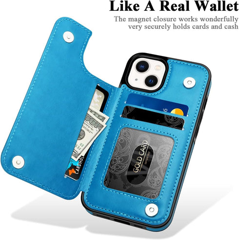 MMHUO iPhone 13 Case with Card Holder, Flower Magnetic Back Flip Wallet Case for Women, Protective Blue Phone Case