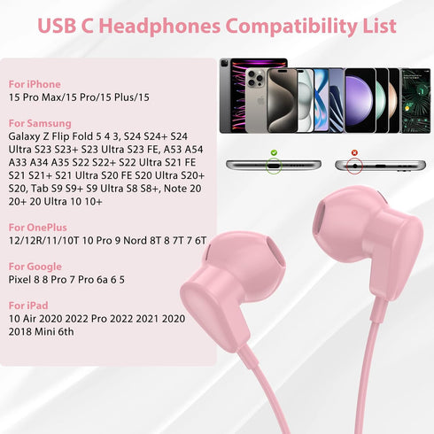 USB C Headphones Wired Earbuds for Apple iPad iPhone 15 Pro, Samsung Galaxy Z Flip Fold 6, Type C Earphones with Mic