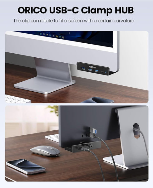ORICO USB Hub 3.0, Clamp USB Hub with Extra Power Supply Port, 4-Port USB Adapter for Monitors, Desks