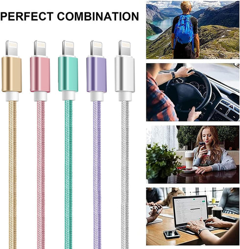 MFi Certified 5-Pack Nylon Braided Lightning Cables for iPhone 14, 13, 12, 11, XS, XR, 8, 7, 6s & iPad.