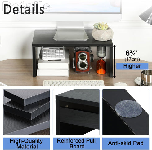TEAMIX 14.2 inch Black-Higher Monitor Stand Riser, Wood Riser with Storage for Small Monitor, TV, PC, Laptop