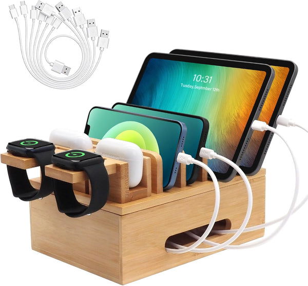 Bamboo Charging Stations for Multi Devices, Wood Desktop Docking Station Charger Organizer for Cell Phones, Tablets,