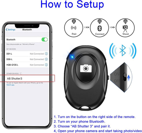 Wireless Camera Shutter Clicker, Remote Control for iPhone & Android Smartphones, Wireless Remote Control Selfie Button