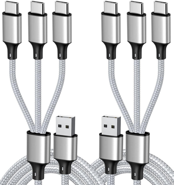 Puxnoin Multi Charging Cable, USB C Splitter Cable, 3 in 1 Fast Charging Cord with 3 Type-C Male Port, 2 Pack 4FT