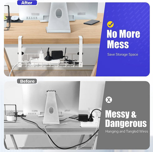 Under Desk Cable Management Tray, Xpatee Upgraded Wire Management with Clamp for Computer Cable Rack, No Damage White