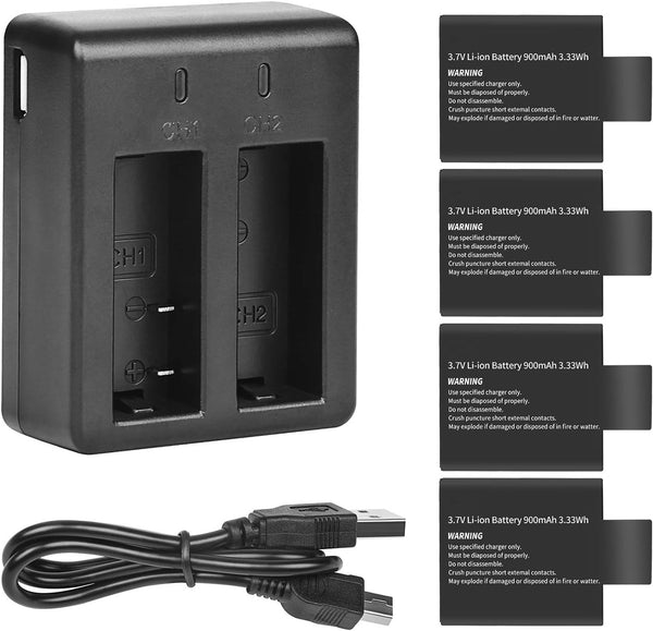 D&F Dual Battery Charger with 4 Pack Replacement Battery, 3.7V 900mAh Li-ion for SJCAM SJ4000 SJ5000 SJ6000