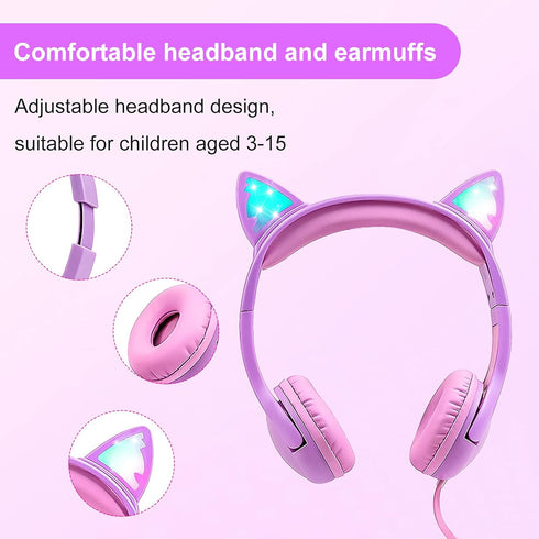 Kids Headphones, Light Up Cat Ear On-Ear Headphones for iPad Fire Tablet Kindle, Safe 85db Volume Control - Purple/Pink