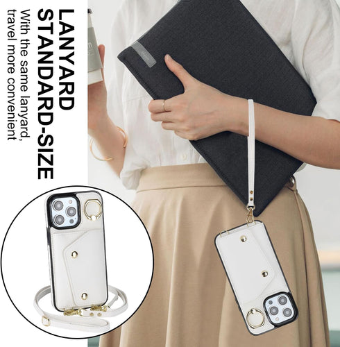 LUVI iPhone 15 Pro Wallet Case with Card Holder, Crossbody Neck Strap, Lanyard, Wrist Strap, White PU Leather Flip