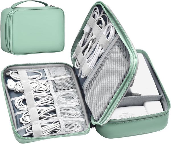 Large Capacity Travel Electronics Accessories Organizer Case, Waterproof Leather Cord Organizer with Adjustable Divider
