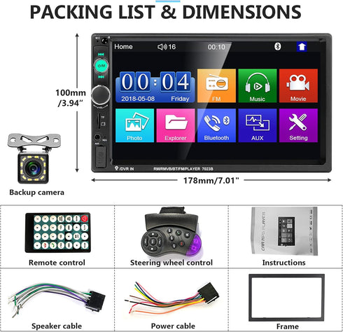 Podofo Car Stereo 2 Din 7 Inch MP5 Player, HD Touch Screen Bluetooth Multimedia, USB SD Aux-in, Double Din Autoradio