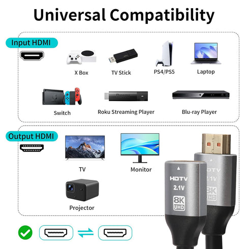 AIMHDUTY 8K, 1FT, PS5 PS4 HDMI Extension Cable HDMI Male to Female Adapter Extender Cord Compatible with Xbox Roku TV
