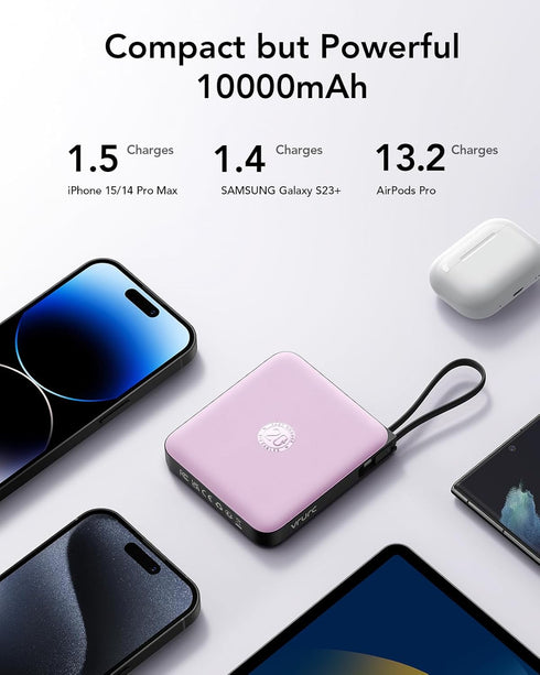 VRURC Portable Charger with Built-in Cable, 10000mAh Power Bank, 22.5W/PD20W Fast Charging USB C Battery Pack with LED