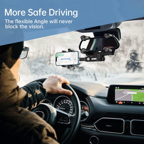 360° Rotatable Rearview Mirror Phone Holder for Car, Retractable Multifunctional Design, Four Corners Fixed Anti-Shake